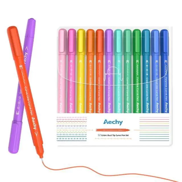Alt view image 7 of 7 - AECHY 12Pcs Dual Tip Markers Pens for Note Taking, Curve Highlighter with 10 Different Curv Shapes & 12 Colors Fine Lines, Colored Curve Pen for Students,Planners,Teachers, Scrapbook Supplies