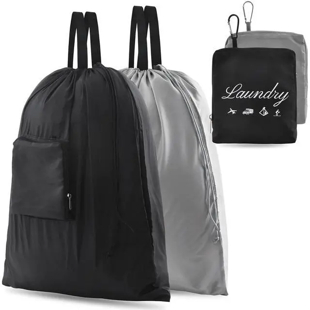 Main image of 2 Pcs JHX Travel Laundry Bags, Dirty Clothes OrganizerUpgradedwith Handles and Aluminum Carabiner for Travel, Camp, Fitness, and Students (Black&Grey) 24"L x 21"W