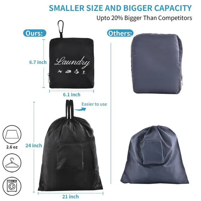 Alt view image 2 of 7 - 2 Pcs JHX Travel Laundry Bags, Dirty Clothes OrganizerUpgradedwith Handles and Aluminum Carabiner for Travel, Camp, Fitness, and Students (Black&Grey) 24"L x 21"W