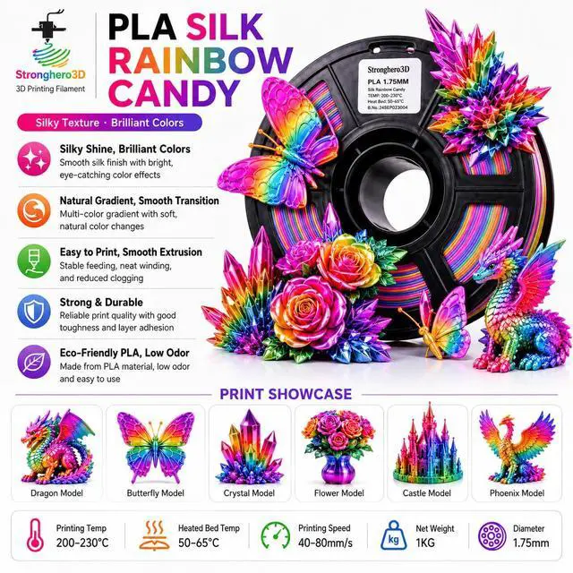 Alt view image 2 of 7 - Stronghero3D Silk PLA 3D Printer Filament 1.75mm,Candy Silk Rainbow,Multi Color 3D Printing Filament,Color Change Filament for Most 3D Printer,Net Weight 1kg(2.2lbs) Accuracy +/-0.05mm