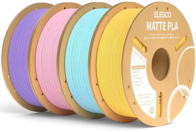 Main image of ELEGOO Matte PLA Filament Bundle 4KG, 1.75mm 3D Printer Filament Dimensional Accuracy +/- 0.02mm, 1kg Spool (2.2lbs) Fits for Most FDM 3D Printers Sakura Pink/Lavender Purple/Ice Blue/Sunshine Yellow