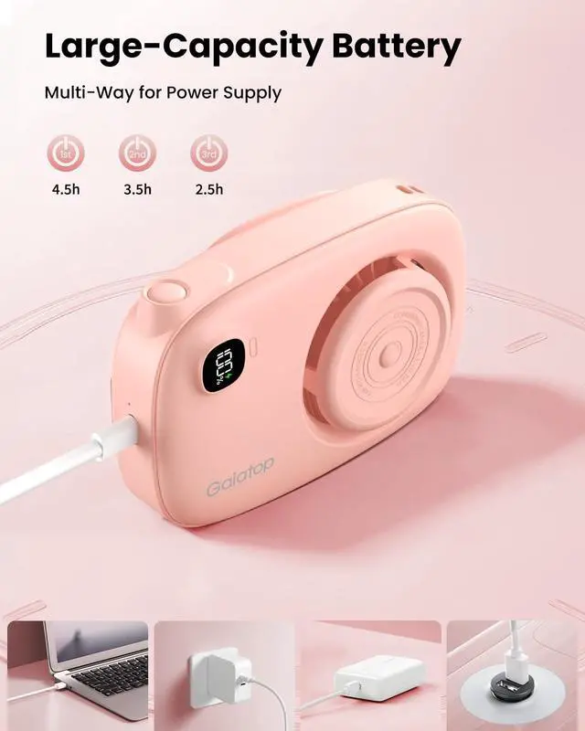 Alt view image 5 of 6 - Gaiatop Mini Neck Fan, Rechargeable Handheld Desk Use, LED Power Display 3 Speed 360°Rotate Mirror for Lash Makeup, Cute Camera Design Small Portable USB Fans Personal Cooling Travel Essentials