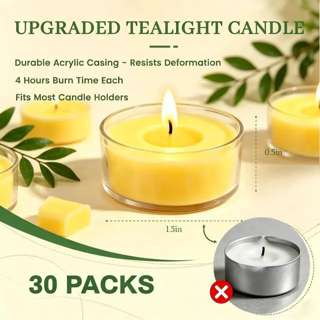 Alt view image 4 of 7 - Tealight Citronella Candles Outdoor, 4Hours Soy Wax Tea Lights Candles for Patio, Garden, Yard, Terrace, Camping, Home, Indoor, Party, 30 Pack Acrylic Votive Candles for Weddings, Shabbat, Events