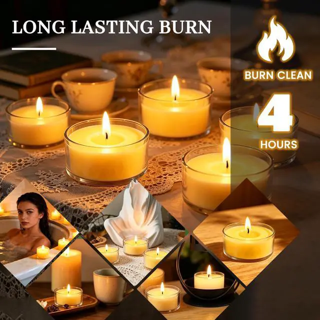 Alt view image 3 of 7 - Tealight Citronella Candles Outdoor, 4Hours Soy Wax Tea Lights Candles for Patio, Garden, Yard, Terrace, Camping, Home, Indoor, Party, 30 Pack Acrylic Votive Candles for Weddings, Shabbat, Events