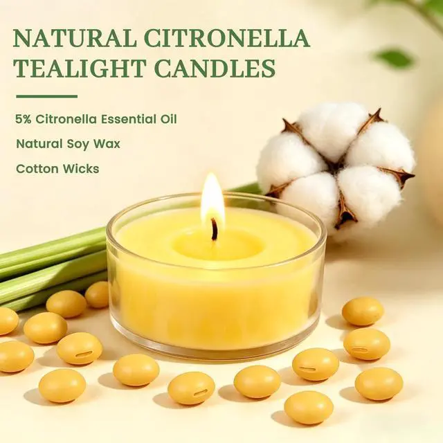Alt view image 2 of 7 - Tealight Citronella Candles Outdoor, 4Hours Soy Wax Tea Lights Candles for Patio, Garden, Yard, Terrace, Camping, Home, Indoor, Party, 30 Pack Acrylic Votive Candles for Weddings, Shabbat, Events