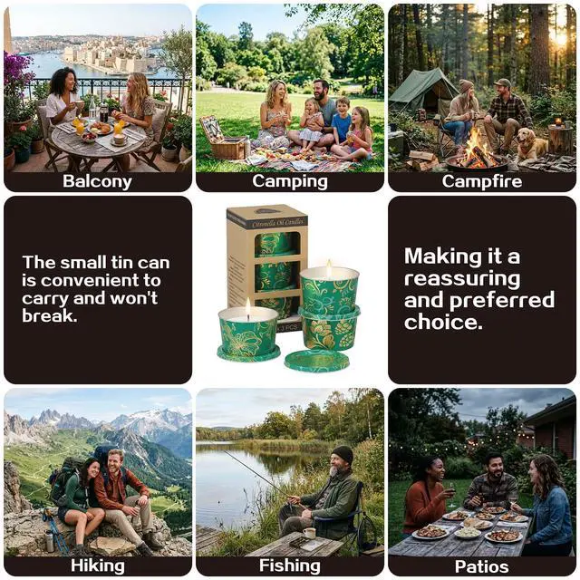 Alt view image 7 of 7 - Portable Citronella Candles for Outdoor Patio - 3 Pack 2.2oz Travel Size Natural Soy Wax Candles in Shatterproof Tins, 30 Hours Total Burn Time for Camping, Fishing, Backyard Party & Deck Décor
