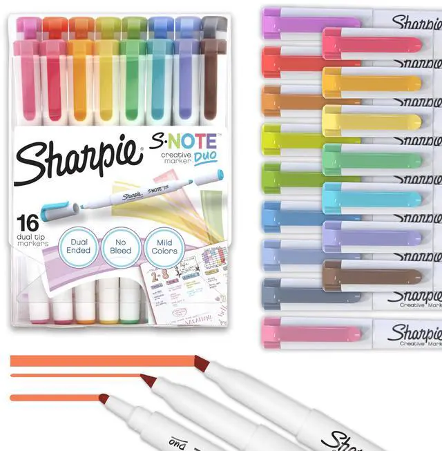 Main image of Sharpie S-Note Duo Dual-Tip Creative Highlighters, Assorted Mild Colors, No Bleed, Fine and Chisel Tips, Includes Stand-Up Easel, 16 Count