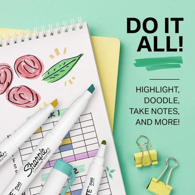 Alt view image 3 of 7 - Sharpie S-Note Duo Dual-Tip Creative Highlighters, Assorted Mild Colors, No Bleed, Fine and Chisel Tips, Includes Stand-Up Easel, 16 Count