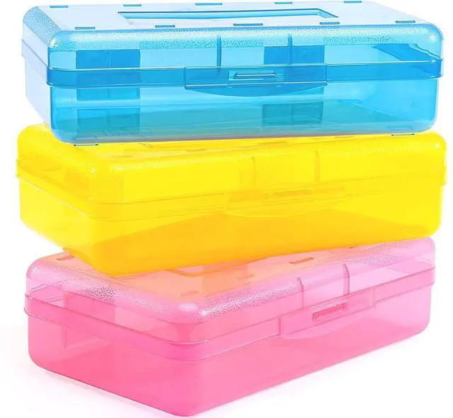 Main image of Sooez 3 Pack Pencil Case, Large Hard Pencil Box Bulk, Clear Crayon Box Marker Pen Organizer, Plastic Storage Container with Snap Lid, Art Craft Organizer Back to School Supplies, Colorful