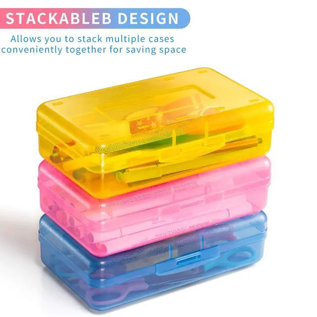 Alt view image 5 of 6 - Sooez 3 Pack Pencil Case, Large Hard Pencil Box Bulk, Clear Crayon Box Marker Pen Organizer, Plastic Storage Container with Snap Lid, Art Craft Organizer Back to School Supplies, Colorful