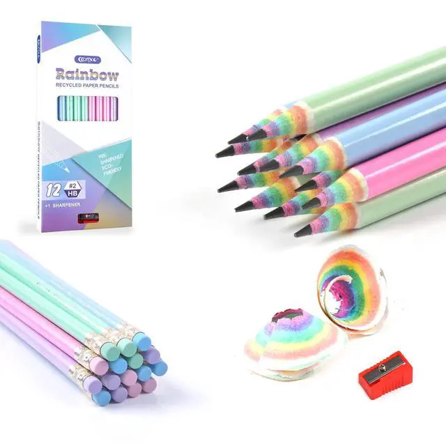 Main image of ECOTREE Pre-Sharpened Pencils #2 Cute Number 2 Pencils with Erasers for Kids Eco Rainbow Paper Pencil for School, Writing, 12 Count