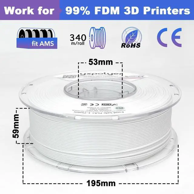 Alt view image 4 of 7 - YXPOLYER PLA Filament Food Grade 1.75mm 1kg for 3D Printing, PLA+ White 3D Printer Filament with Transparent AMS-Compatible Filament Spool