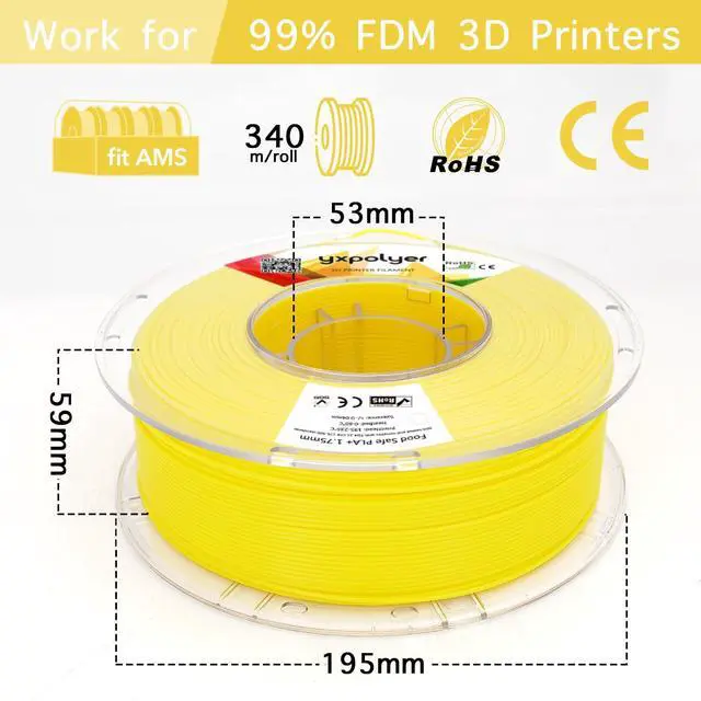 Alt view image 3 of 7 - YXPOLYER PLA+ Filament Food Safe PLA Plus Food-Grade 1.75mm 3D Printing Filament 1kg 2.2lbs with PC Reusable Spool fit AMS System and Most FDM 3D Printers, Yellow