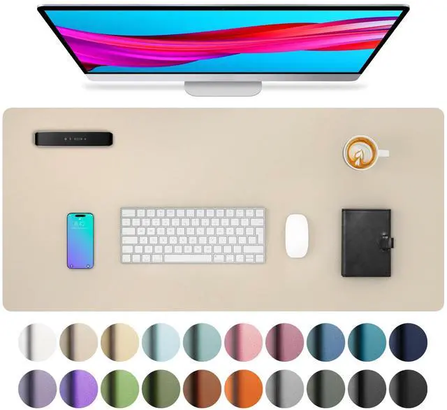 Main image of Non-Slip PU Leather Waterproof Laptop Desk Pad Protector, Blotter Mat, Writing and Mouse Pad for Office & Home, Beige, 23.6" x 13.7"