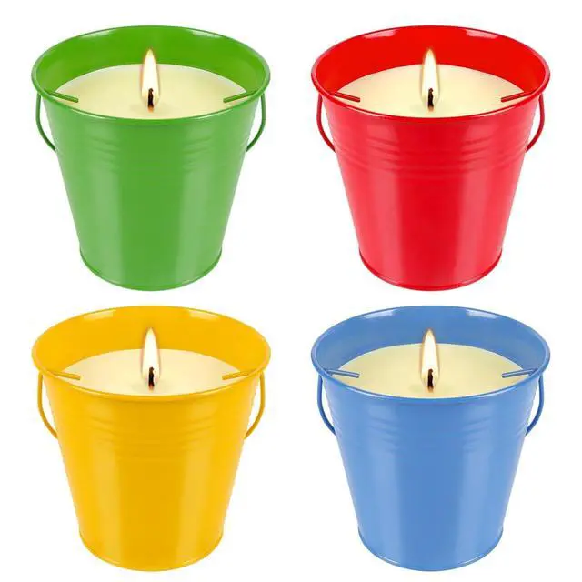 Alt view image 6 of 7 - 4 Pack 12oz Citronella Scented Candles, Colorful Metal Bucket Candles with Handle, Smokeless Clean Burning Candles for Home, Patio, Camping & Outdoor Gatherings