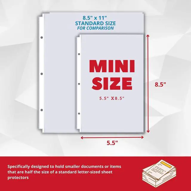 Alt view image 2 of 7 - Officewerks Heavyweight Clear Mini Sheet Protectors Holds 5.5 x 8.5 Inch Sheets, Fits a 3-Ring Binder, Crystal Clear and Acid-Free with Reinforced Holes, Top Loading, Archival Safe (50 Pack)