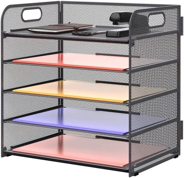 Main image of Supeasy 5 Trays Paper Organizer Letter Tray with Handle-Mesh Desk File Organizer, Grey Paper Sorter Desk Organizer for Office, Home or School