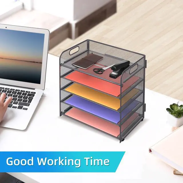Alt view image 2 of 6 - Supeasy 5 Trays Paper Organizer Letter Tray with Handle-Mesh Desk File Organizer, Grey Paper Sorter Desk Organizer for Office, Home or School