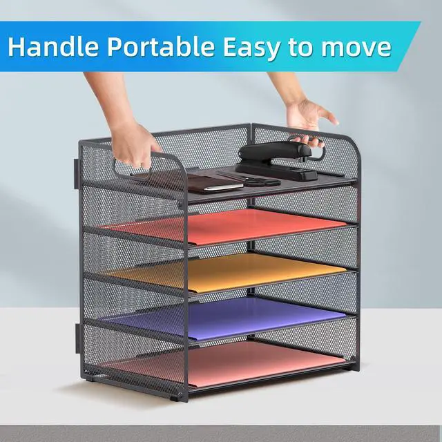 Alt view image 4 of 6 - Supeasy 5 Trays Paper Organizer Letter Tray with Handle-Mesh Desk File Organizer, Grey Paper Sorter Desk Organizer for Office, Home or School