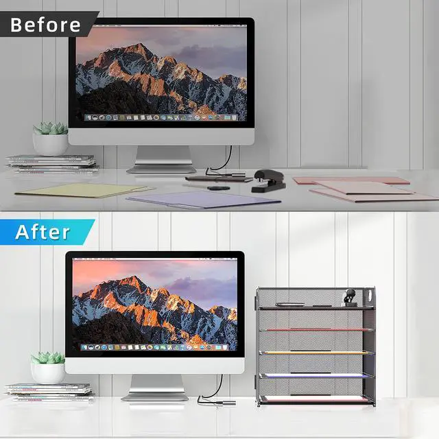 Alt view image 5 of 6 - Supeasy 5 Trays Paper Organizer Letter Tray with Handle-Mesh Desk File Organizer, Grey Paper Sorter Desk Organizer for Office, Home or School