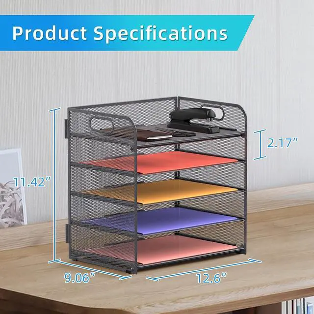 Alt view image 6 of 6 - Supeasy 5 Trays Paper Organizer Letter Tray with Handle-Mesh Desk File Organizer, Grey Paper Sorter Desk Organizer for Office, Home or School