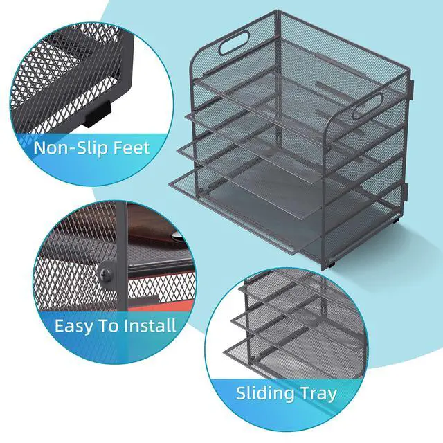 Alt view image 3 of 6 - Supeasy 5 Trays Paper Organizer Letter Tray with Handle-Mesh Desk File Organizer, Grey Paper Sorter Desk Organizer for Office, Home or School