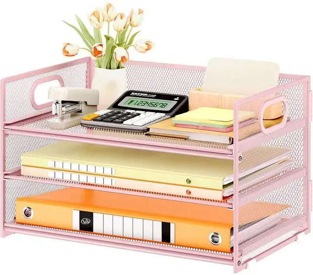 Main image of Subekyu 3 Tier Paper Letter Tray Organizer for Desk, Pink Metal Mesh File Folder Sorter Organizer with Handle and 1 PC Sliding Tray for Home Office School Desk Supplies Organization Storage