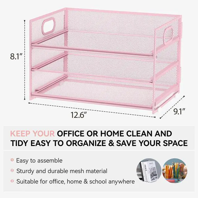 Alt view image 2 of 7 - Subekyu 3 Tier Paper Letter Tray Organizer for Desk, Pink Metal Mesh File Folder Sorter Organizer with Handle and 1 PC Sliding Tray for Home Office School Desk Supplies Organization Storage