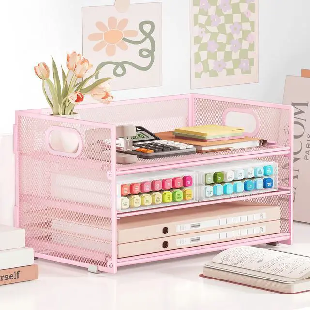 Alt view image 4 of 7 - Subekyu 3 Tier Paper Letter Tray Organizer for Desk, Pink Metal Mesh File Folder Sorter Organizer with Handle and 1 PC Sliding Tray for Home Office School Desk Supplies Organization Storage