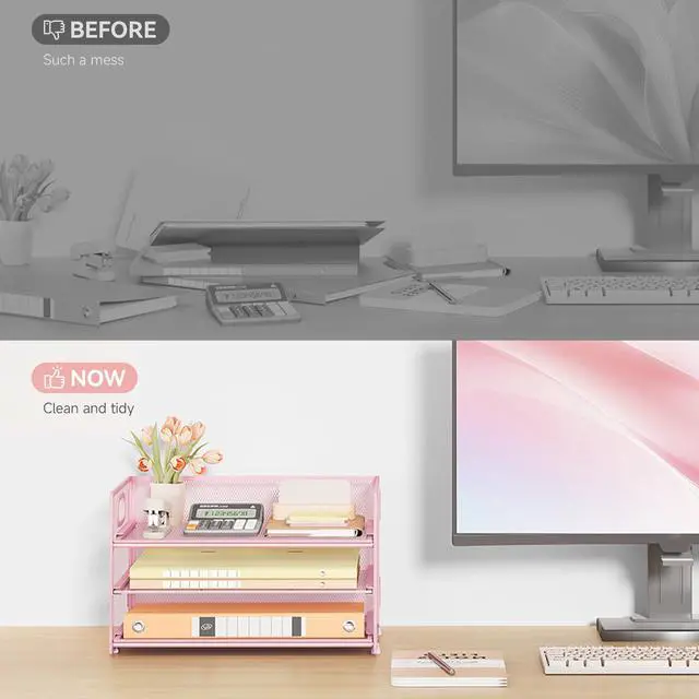 Alt view image 3 of 7 - Subekyu 3 Tier Paper Letter Tray Organizer for Desk, Pink Metal Mesh File Folder Sorter Organizer with Handle and 1 PC Sliding Tray for Home Office School Desk Supplies Organization Storage