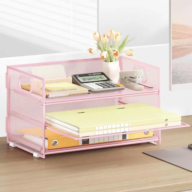 Alt view image 6 of 7 - Subekyu 3 Tier Paper Letter Tray Organizer for Desk, Pink Metal Mesh File Folder Sorter Organizer with Handle and 1 PC Sliding Tray for Home Office School Desk Supplies Organization Storage
