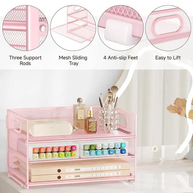 Alt view image 5 of 7 - Subekyu 3 Tier Paper Letter Tray Organizer for Desk, Pink Metal Mesh File Folder Sorter Organizer with Handle and 1 PC Sliding Tray for Home Office School Desk Supplies Organization Storage