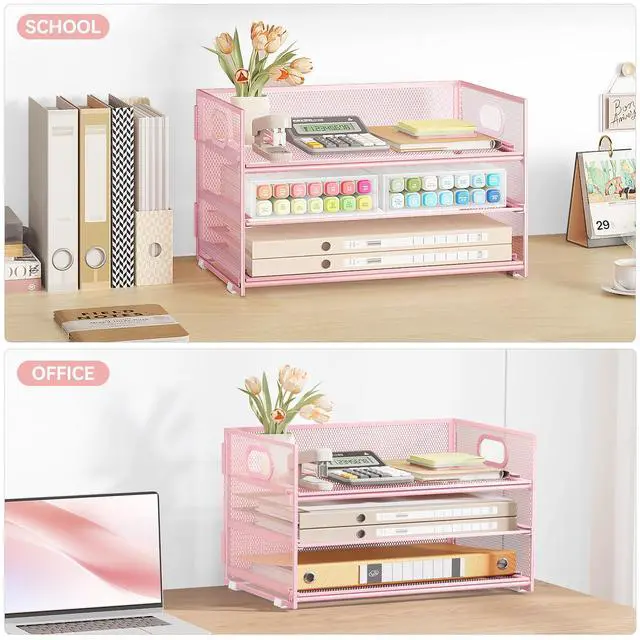 Alt view image 7 of 7 - Subekyu 3 Tier Paper Letter Tray Organizer for Desk, Pink Metal Mesh File Folder Sorter Organizer with Handle and 1 PC Sliding Tray for Home Office School Desk Supplies Organization Storage
