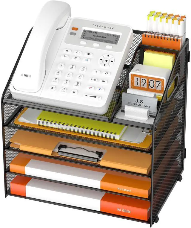Main image of DocNest 5 Tier Metal Mesh Desk File Organizer with Phone Shelf, Black