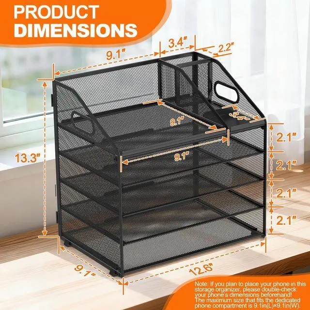Alt view image 2 of 7 - DocNest 5 Tier Metal Mesh Desk File Organizer with Phone Shelf, Black