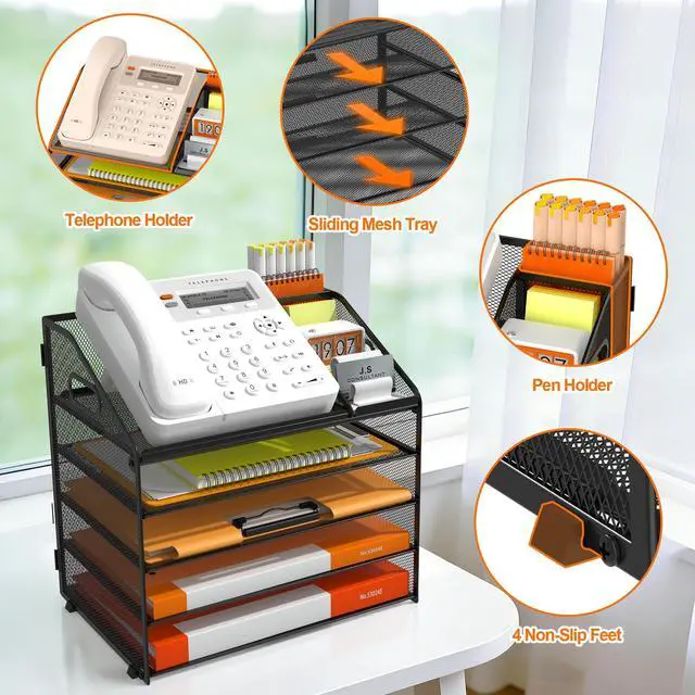 Alt view image 4 of 7 - DocNest 5 Tier Metal Mesh Desk File Organizer with Phone Shelf, Black