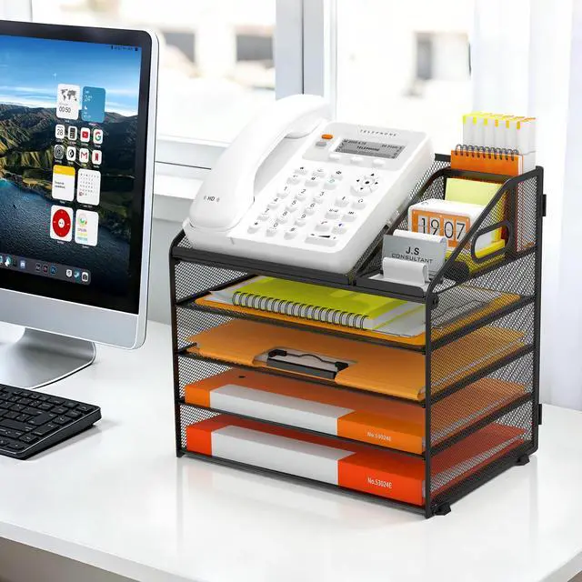 Alt view image 6 of 7 - DocNest 5 Tier Metal Mesh Desk File Organizer with Phone Shelf, Black