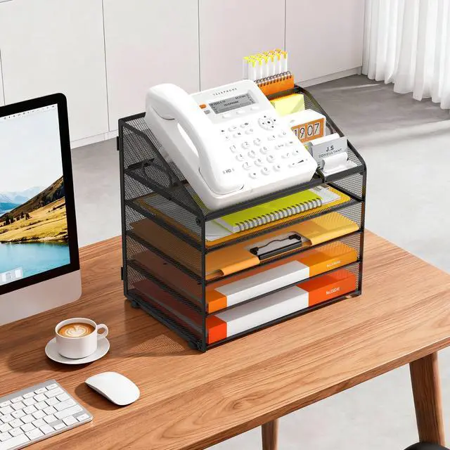 Alt view image 7 of 7 - DocNest 5 Tier Metal Mesh Desk File Organizer with Phone Shelf, Black