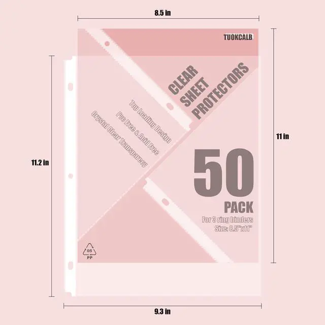 Alt view image 2 of 6 - TUOKCALB 50 Pack Clear Sheet Protectors for 3 Ring Binder, Polypropylene Acid-Free Material, 8.5 x 11 Inch Letter Size, Protector of Your Documents