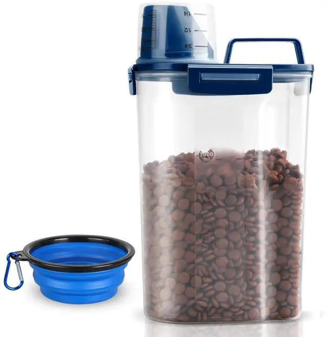 Main image of TIOVERY Upgraded Dog Food Storage Container Small, Cat Food Container Airtight, Pet Food Container Dispenser with Pour Spout, Measuring Cup and 4 Seal Buckles for Dogs, Cats, Birds (Blue)