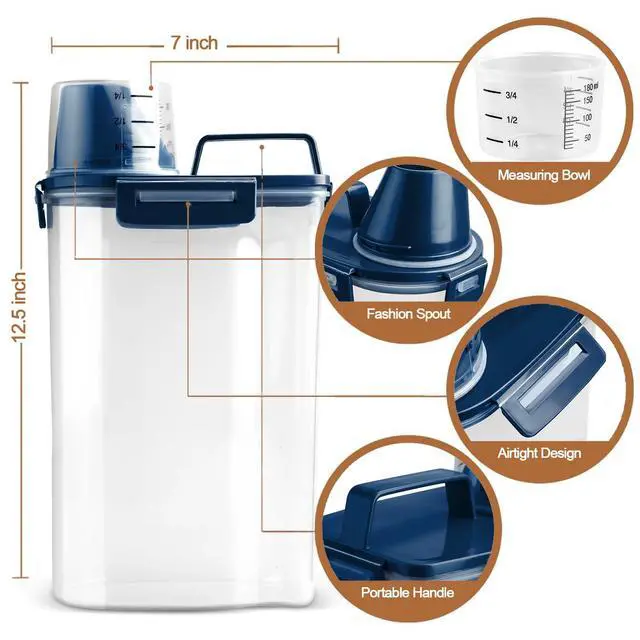 Alt view image 4 of 7 - TIOVERY Upgraded Dog Food Storage Container Small, Cat Food Container Airtight, Pet Food Container Dispenser with Pour Spout, Measuring Cup and 4 Seal Buckles for Dogs, Cats, Birds (Blue)