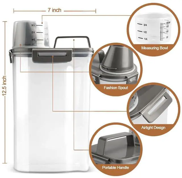 Alt view image 4 of 7 - TIOVERY Upgraded Dog Food Storage Container Small, Cat Food Container Airtight, Pet Food Container Dispenser with Pour Spout, Measuring Cup and 4 Seal Buckles for Dogs, Cats, Birds (Grey)