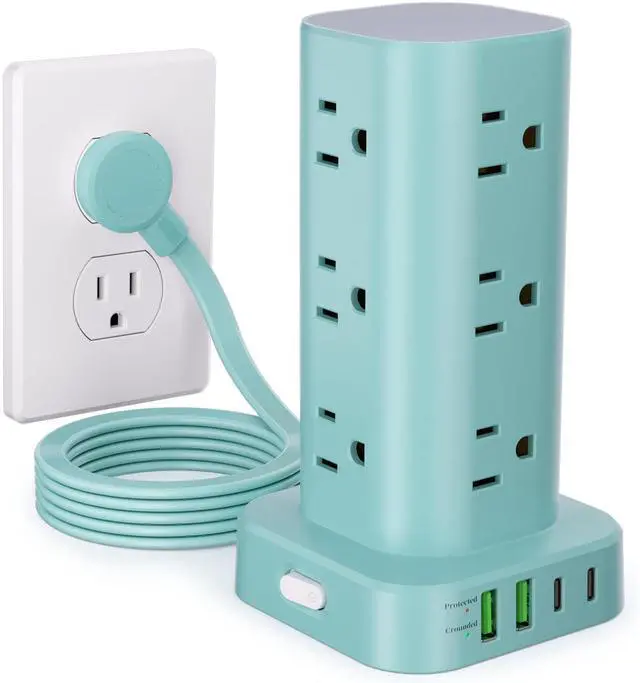 Main image of Power Strip Tower with Multiple Outlets, Flat Plug Surge Protector Tower Extension Cord with 12 AC Outlets 4 USB Ports (2 USB C), 6FT Cord Power Tower Surge Protector for Home Office Dorm Room, Blue