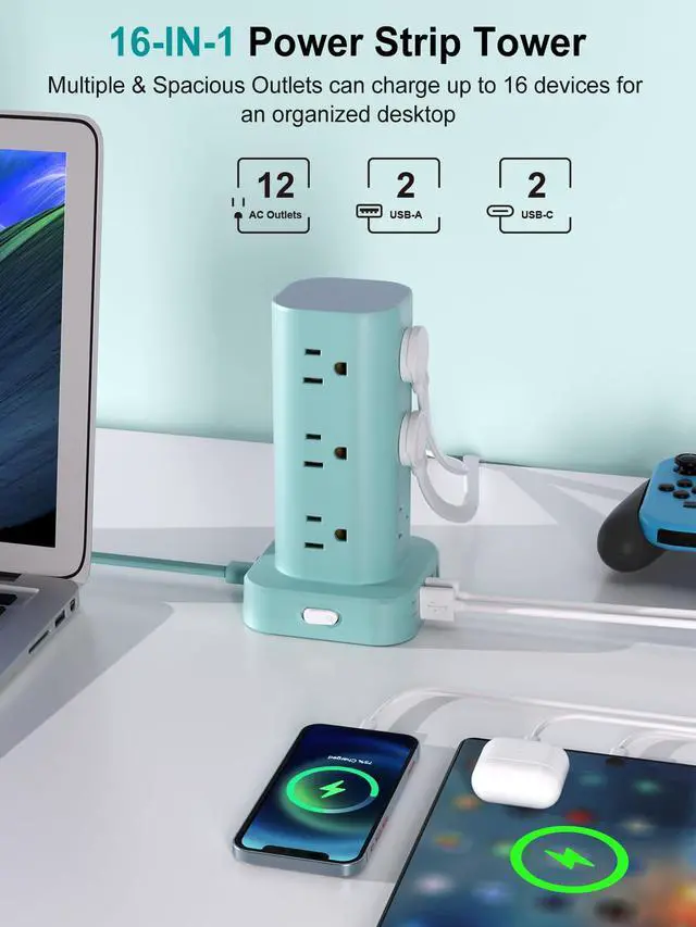 Alt view image 2 of 7 - Power Strip Tower with Multiple Outlets, Flat Plug Surge Protector Tower Extension Cord with 12 AC Outlets 4 USB Ports (2 USB C), 6FT Cord Power Tower Surge Protector for Home Office Dorm Room, Blue
