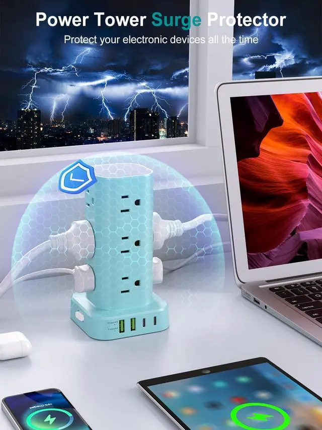 Alt view image 5 of 7 - Power Strip Tower with Multiple Outlets, Flat Plug Surge Protector Tower Extension Cord with 12 AC Outlets 4 USB Ports (2 USB C), 6FT Cord Power Tower Surge Protector for Home Office Dorm Room, Blue