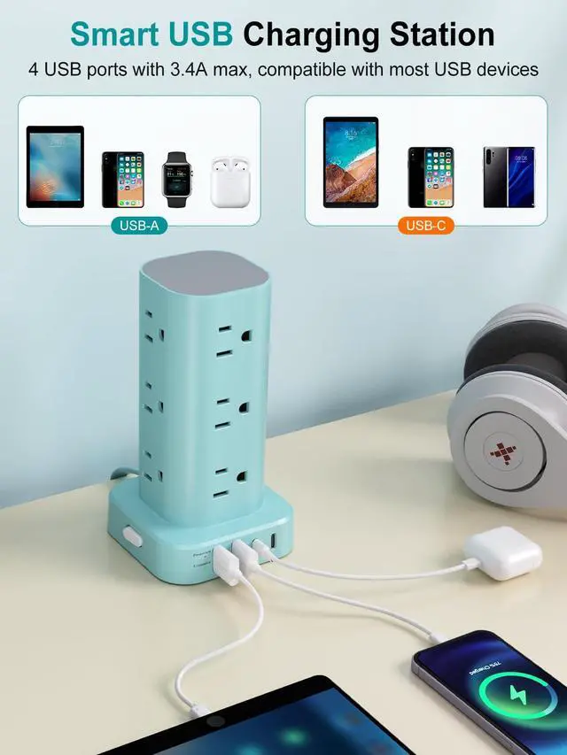 Alt view image 4 of 7 - Power Strip Tower with Multiple Outlets, Flat Plug Surge Protector Tower Extension Cord with 12 AC Outlets 4 USB Ports (2 USB C), 6FT Cord Power Tower Surge Protector for Home Office Dorm Room, Blue