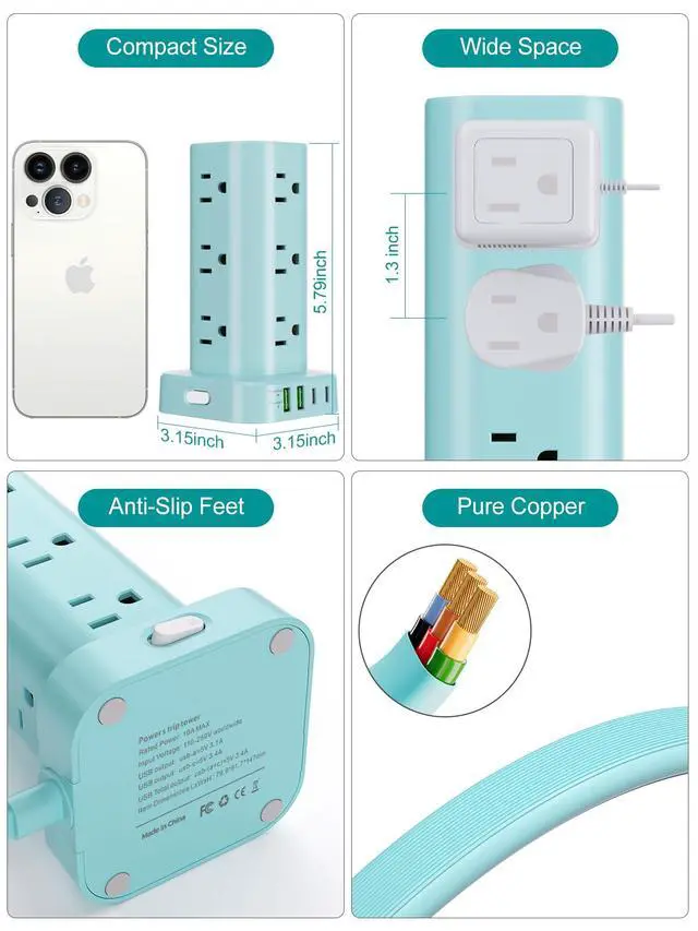 Alt view image 6 of 7 - Power Strip Tower with Multiple Outlets, Flat Plug Surge Protector Tower Extension Cord with 12 AC Outlets 4 USB Ports (2 USB C), 6FT Cord Power Tower Surge Protector for Home Office Dorm Room, Blue