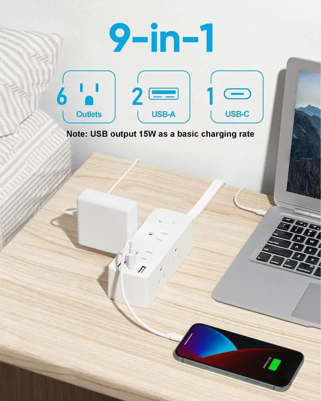 Alt view image 3 of 7 - Olcorife Flat Plug Power Strip with 5 FT Extension Cord, 6 Outlets 3 USB Ports(1 USB C), 3 Sided Outlet Extender for Home Office Travel Dorm Room Essentials, White