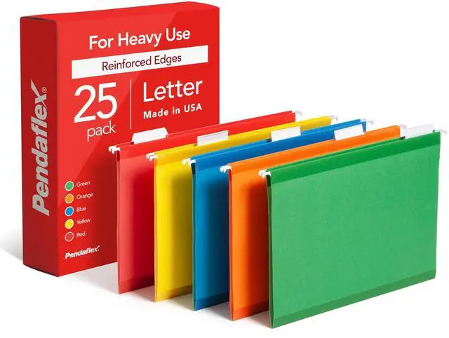 Main image of Pendaflex Hanging File Folders, 25 Pack, Letter Size (8.5" x 11"), Assorted Colors: Green, Blue, Red, Yellow, Orange, 5 Tab Positions, Reinforced, Includes Tabs and Inserts, Durable Hanging Files