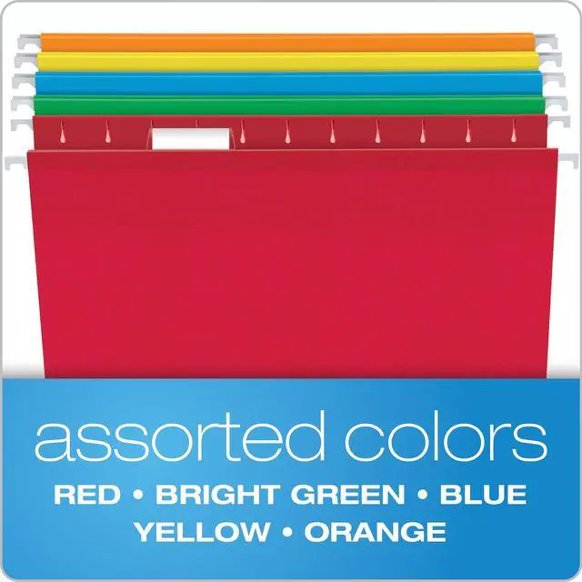 Alt view image 3 of 6 - Pendaflex Hanging File Folders, 25 Pack, Letter Size (8.5" x 11"), Assorted Colors: Green, Blue, Red, Yellow, Orange, 5 Tab Positions, Reinforced, Includes Tabs and Inserts, Durable Hanging Files